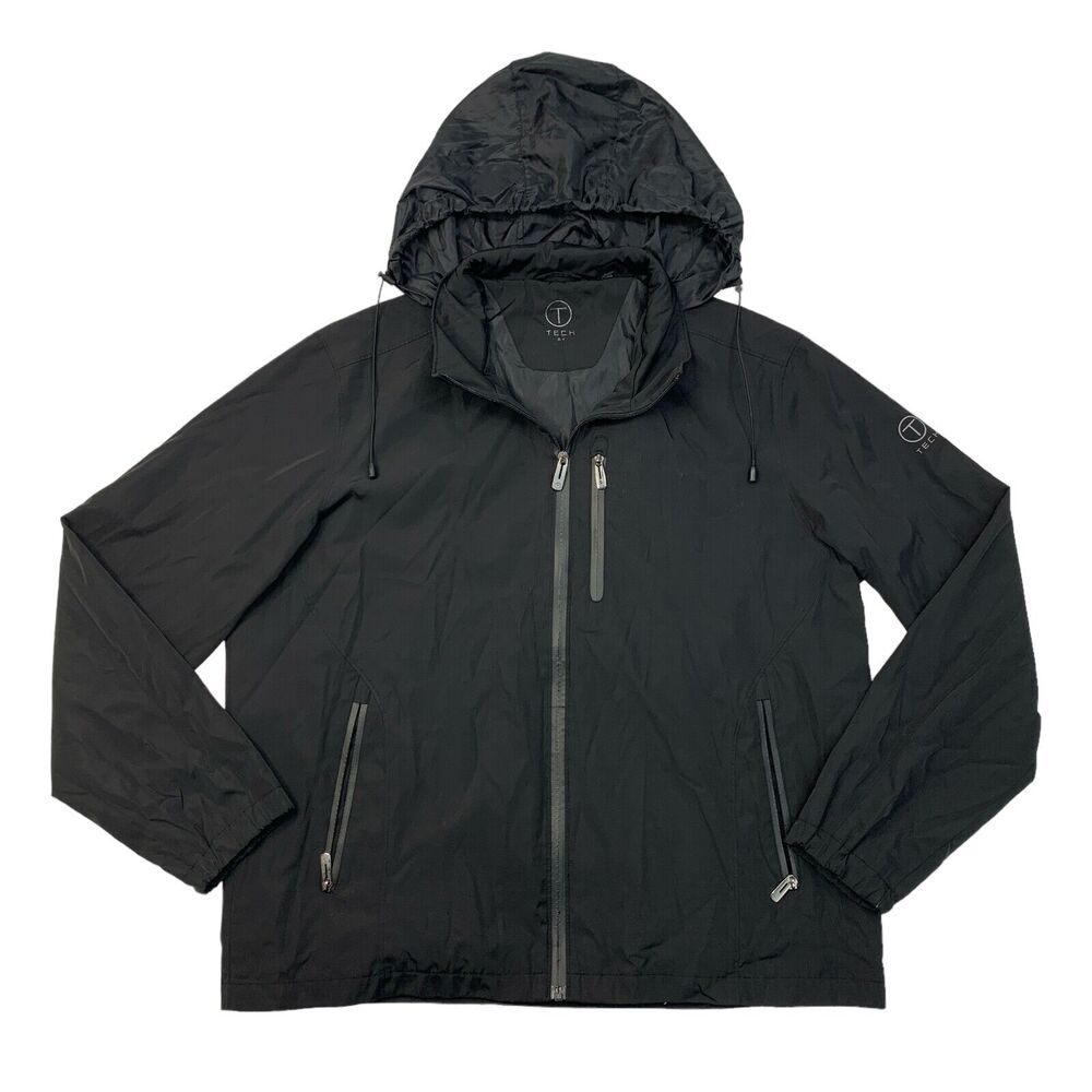 Tumi Tech Jacket Men XL Extra Large Black Full Zip Lined Windbreaker Hidden Hood